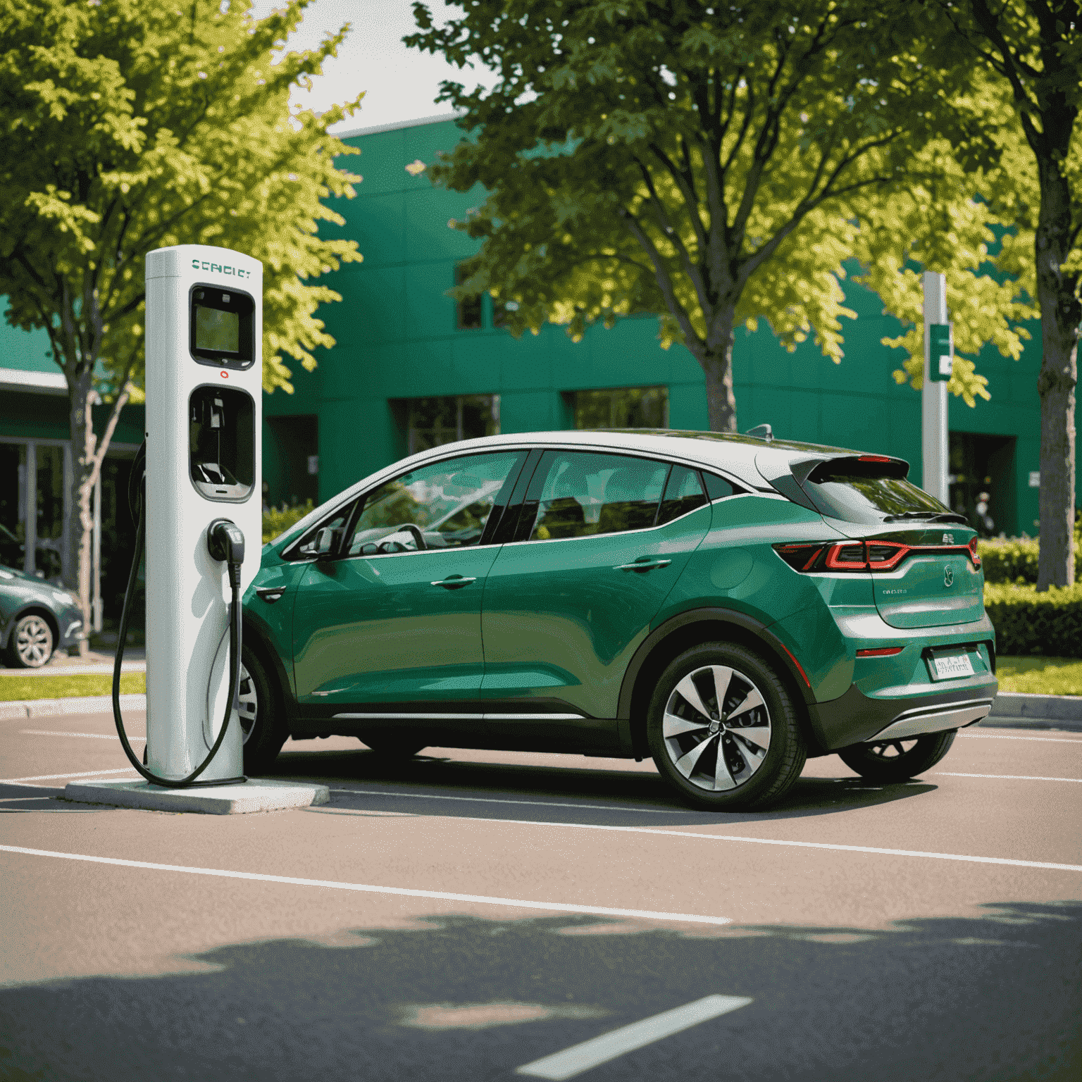 Een moderne elektrische auto op een laadstation, met een groene achtergrond die duurzaamheid symboliseert