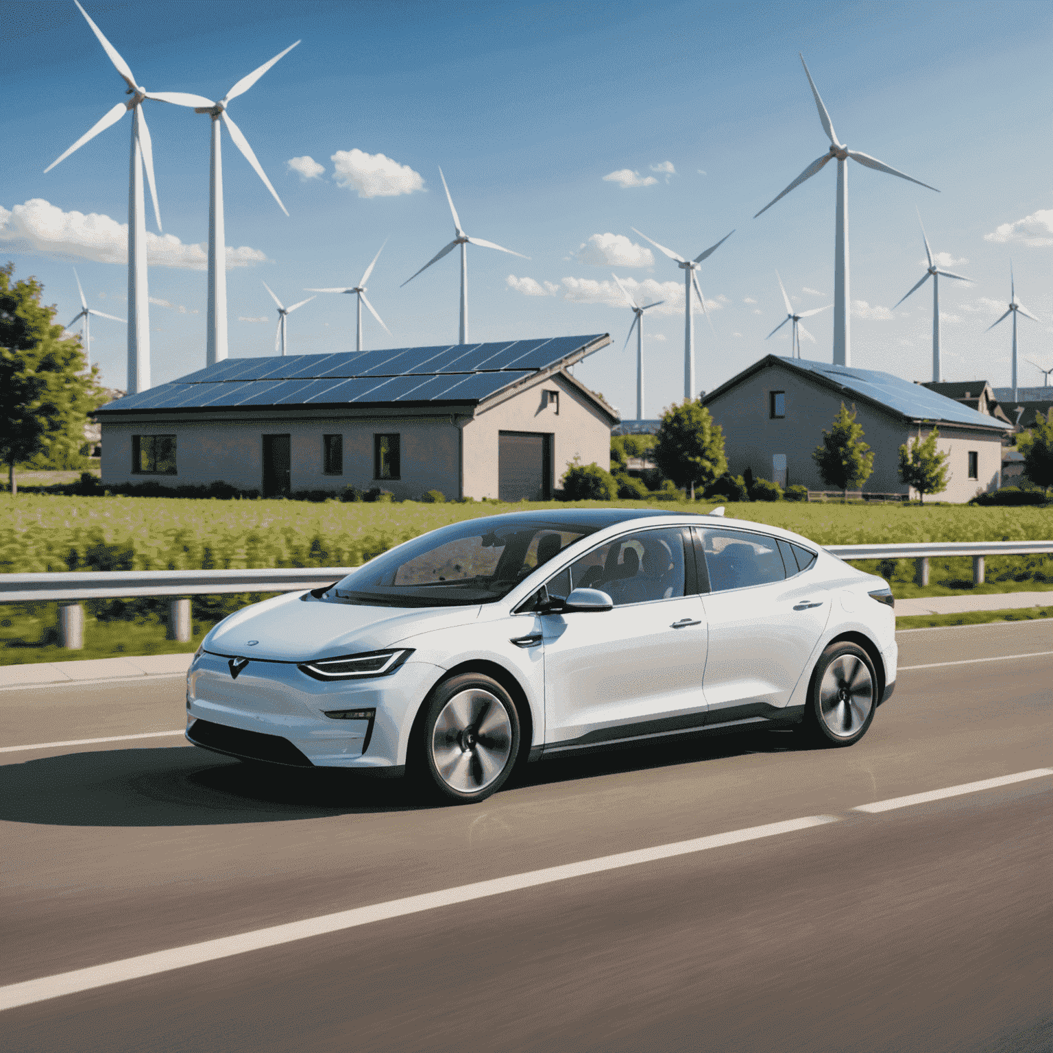 Een moderne elektrische auto rijdt door een stedelijk landschap met windturbines en zonnepanelen op de achtergrond, wat de synergie tussen elektrische voertuigen en duurzame energie symboliseert