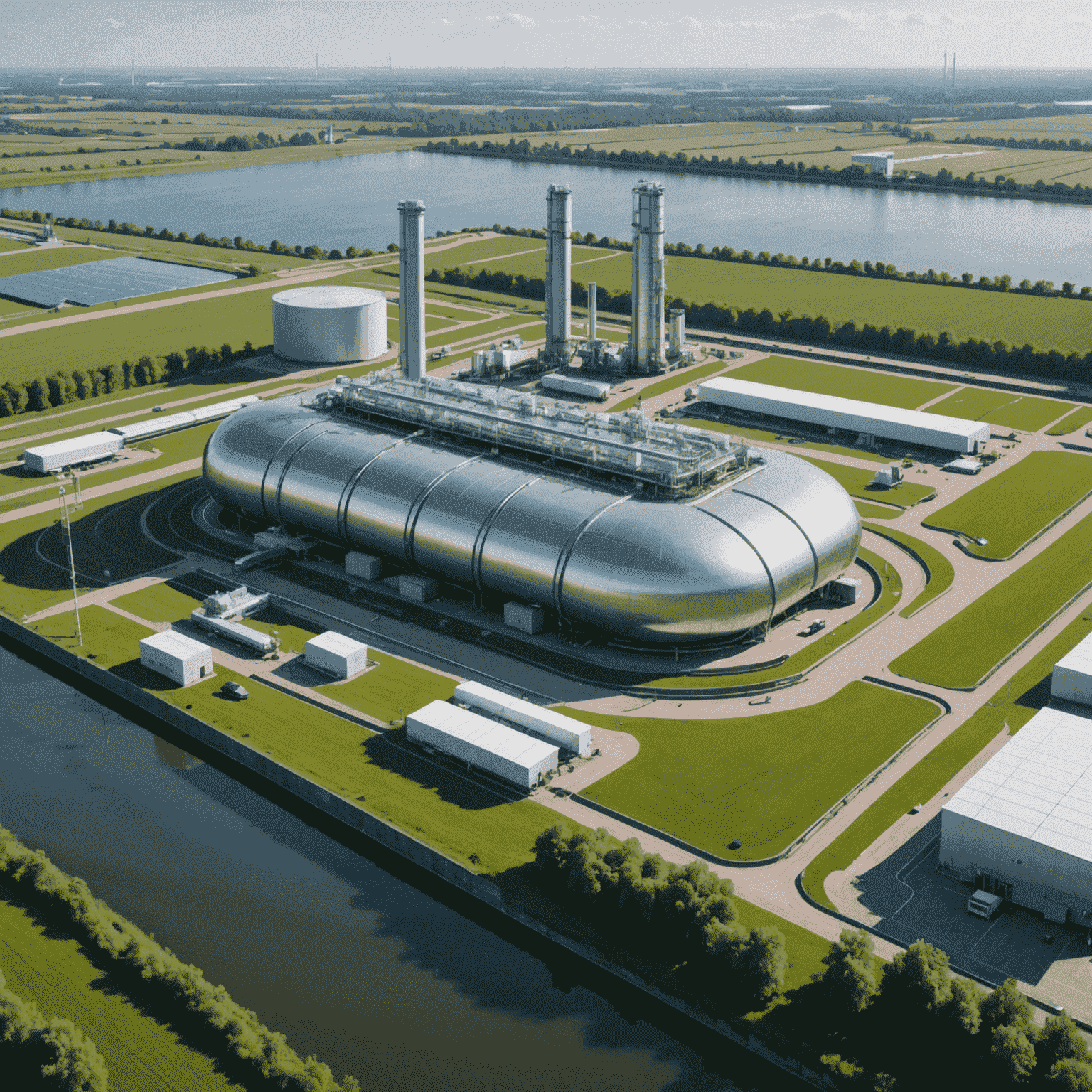 Een futuristisch ogende waterstof productie- en tankfaciliteit in een Nederlandse industriële setting, omringd door groene energie-infrastructuur